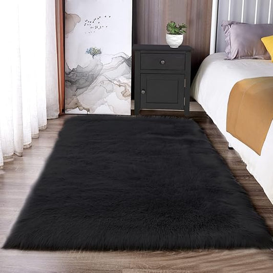 Black Faux Fur Sheepskin Rug – 3x5, Plush Shag Throw Rug, Washable Soft Area Rug for Bedroom & Living Room