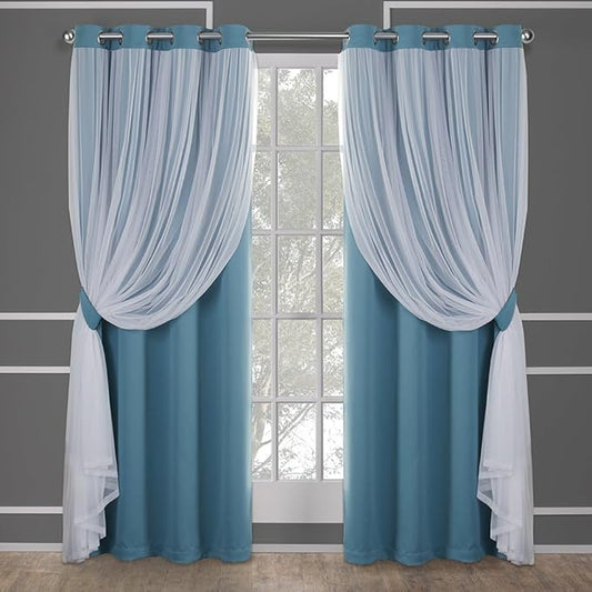 TOWN & COUNTRY LUXE Talia Double Layer Curtains – Sheer & Blackout, Energy Efficient, 2-Pack, 52"x84", Turquoise