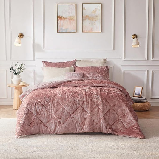 Velvet Comforter Set – 4-Piece Diamond Quilted Bedding with Decorative Pillow, Blush, Full/Queen
